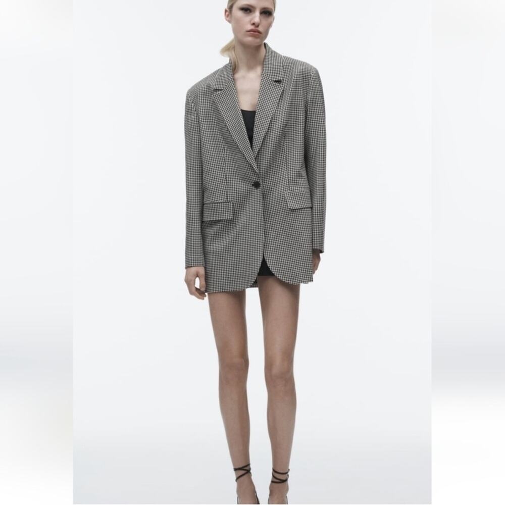 Zara Blazer Black and White Gingham Straight Cut Blazer - Picture 9 of 10